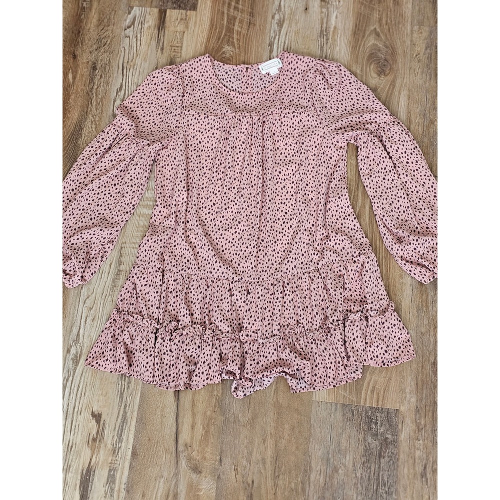 Loveriche Pink‎ Animal Speckle Print Tiered Ruffle Mini Dress Balloon Sleeve Lg